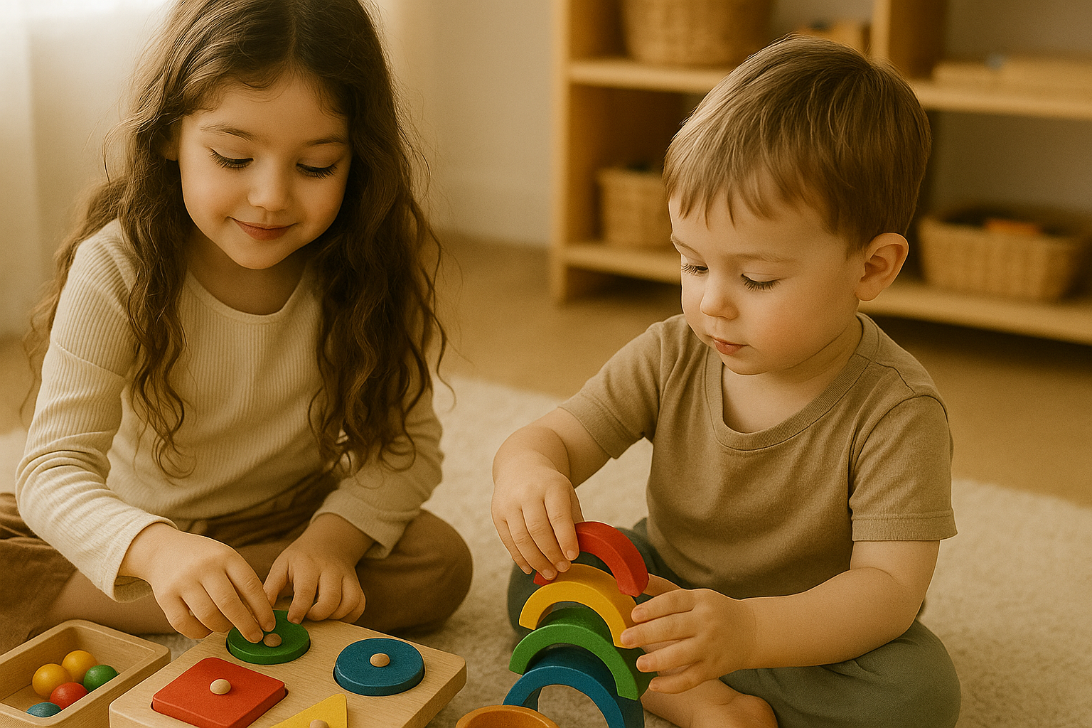 Children playing with a Montessori stacking toy