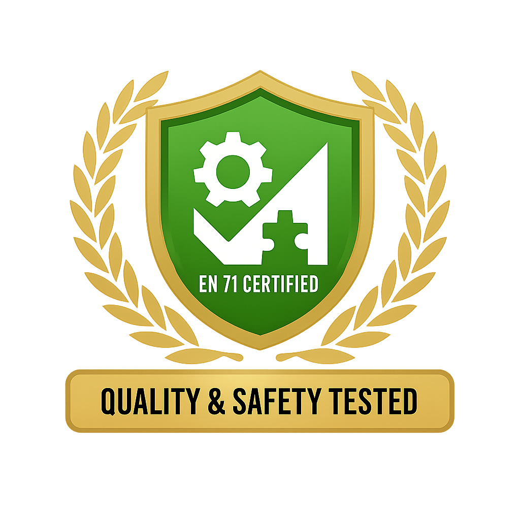 Quality and safety tested badge with gear and puzzle icon