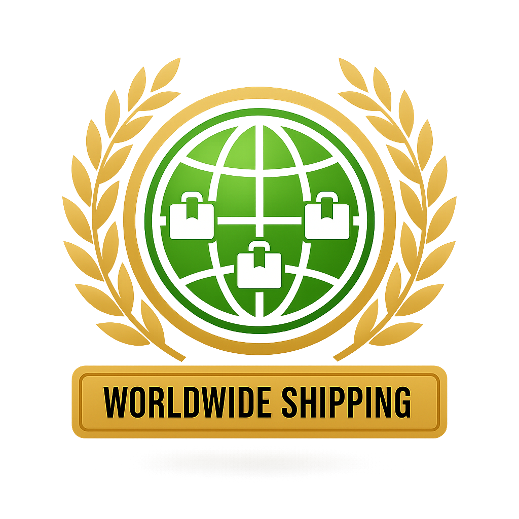 Worldwide shipping badge with globe and puzzle arrow symbol