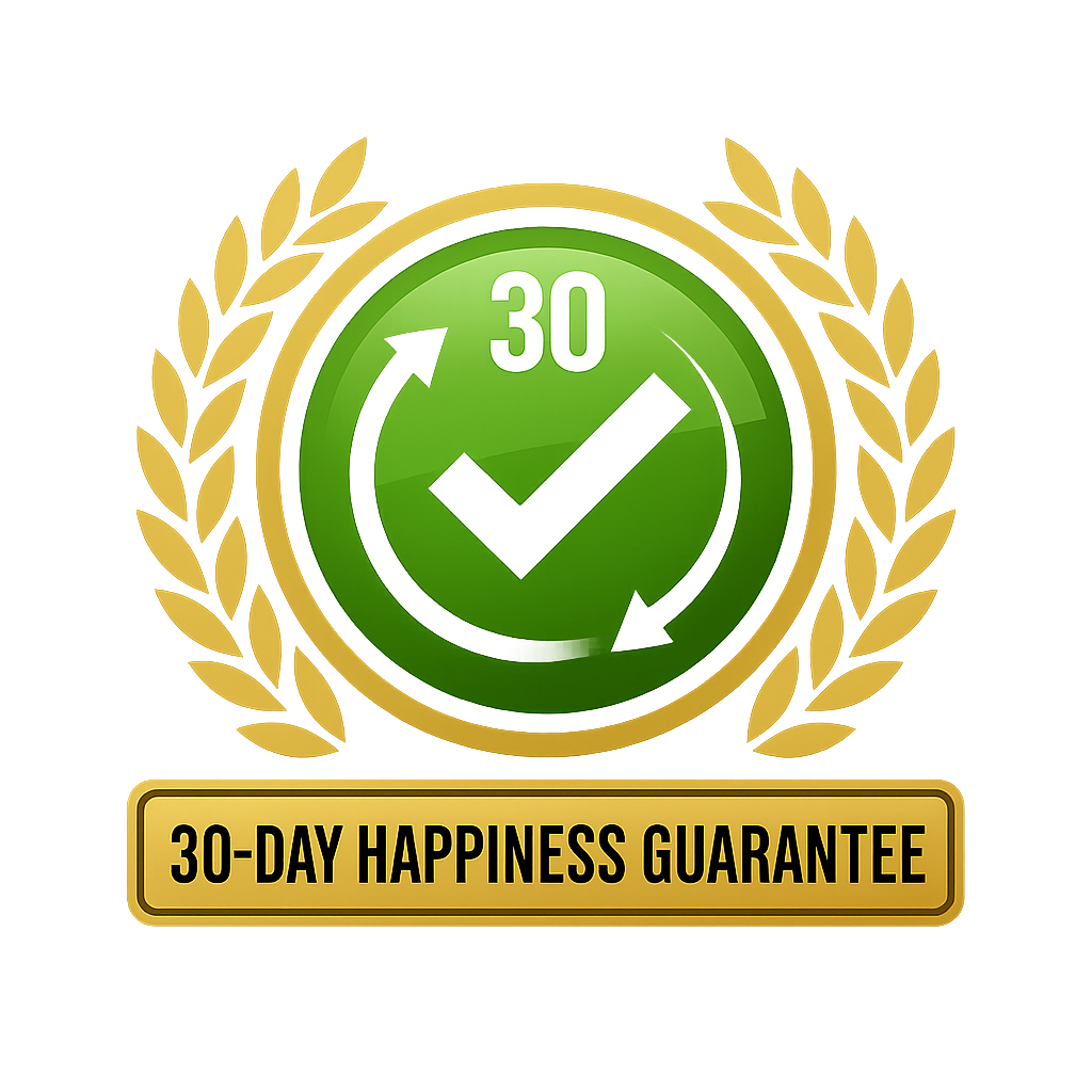 30-day happiness guarantee badge with circular checkmark icon