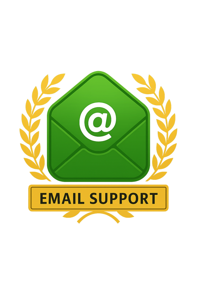 Email support icon showing a green envelope with an @ symbol and golden laurel wreath, representing Geostratex customer service and direct communication