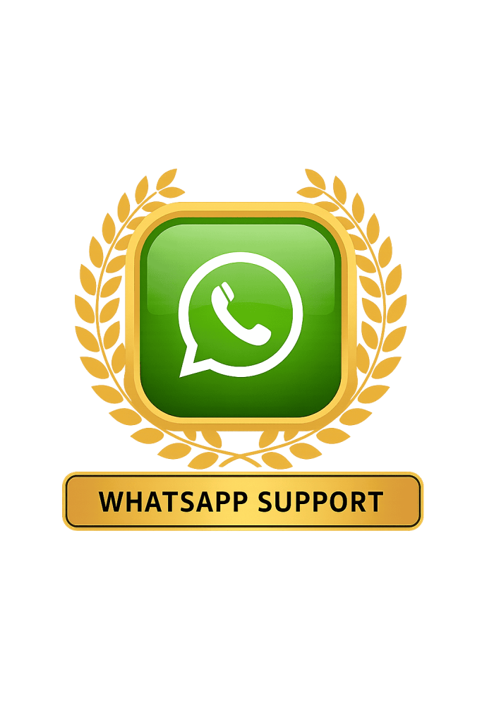 WhatsApp support icon with the white phone symbol on a green square badge surrounded by golden laurels, indicating instant messaging assistance from Geostratex