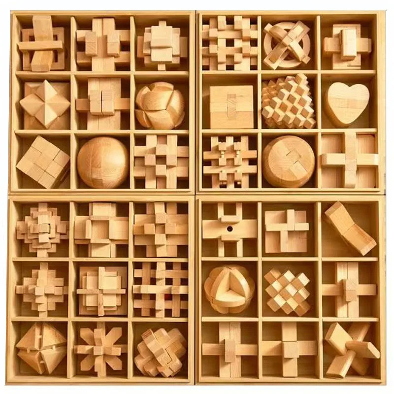 Assortment of precision-cut wooden brain teaser puzzles